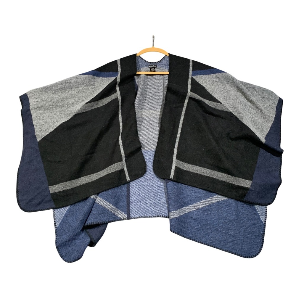 FRAAS Poncho Ruana Women OS Blue Black Geometric Colorblock Knit Wrap Cape